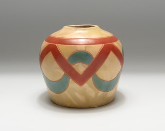 Ceramic Vase - Fumed Yellow Iron and Turquoise Geometric Design - Handmade Earthenware Pottery