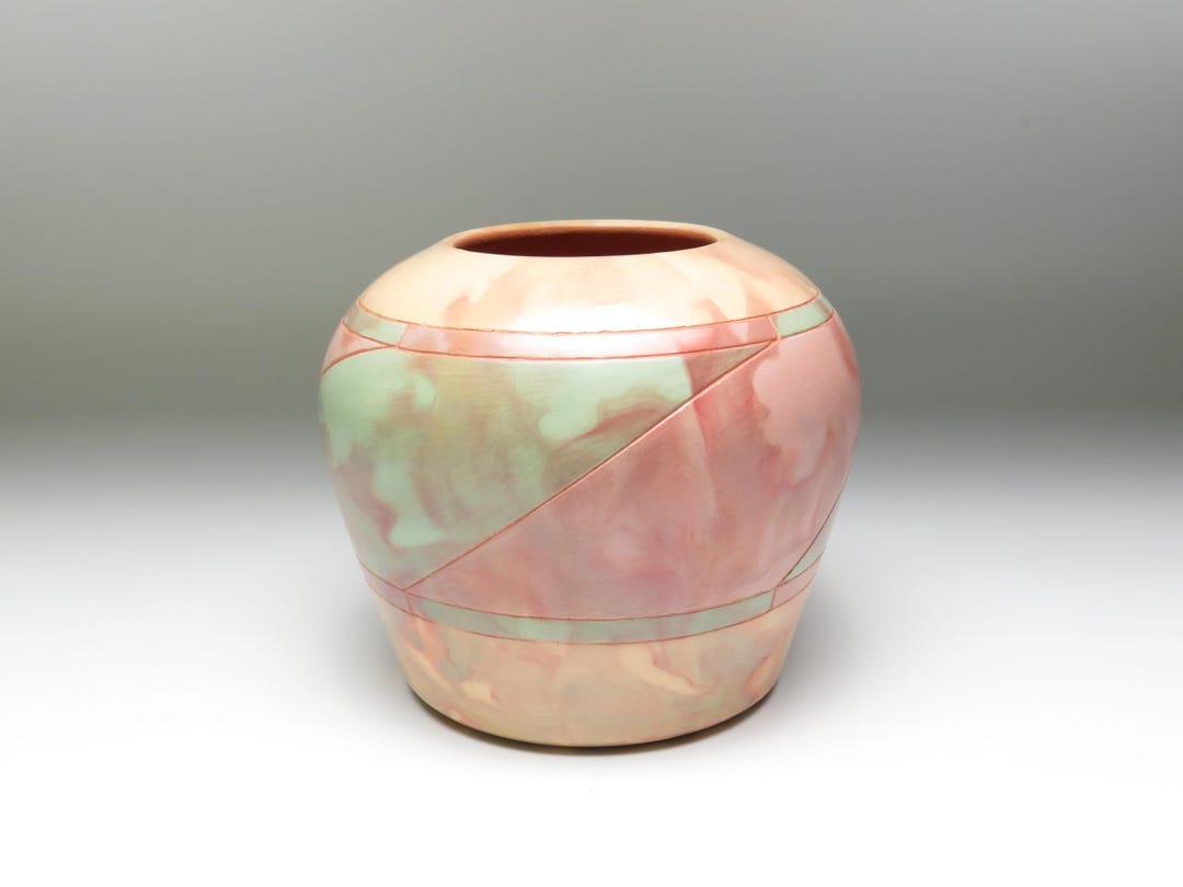 Geometric Ceramic Vase: Wheel-thrown Earthenware With Sage Green and ...