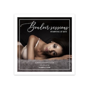 Può includere: Immagine quadrata di una donna in lingerie, sdraiata su una superficie grigia e strutturata. Il testo "Boudoir sessions" è scritto in corsivo, con "a partire da 160 €" sotto. Informazioni di contatto in basso.