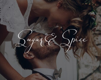 May include: A romantic image featuring a couple in a tender embrace. The text "Sugar & Spice" is elegantly scripted across the image. The man wears a bow tie, and the woman is adorned with a floral crown.