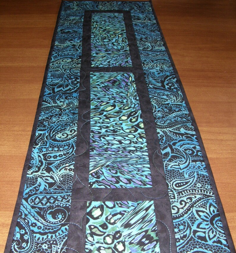 Contemporary Quilted Table Runner Blue Black Paisley Image 0