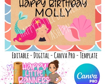 Mermaid Birthday Banner Template: Customizable Painted Design (Canva Editable, PDF Download)