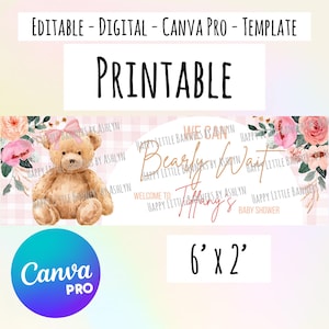 印刷可能なピンクの花柄リボン付きベアリーウェイトベビーシャワーバナーテンプレート I Canva Pro編集可能デジタルダウンロード I DIY編集可能（テンプレートのみ）