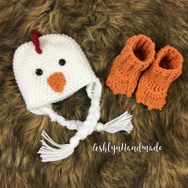 Crochet Chicken Hat || Chick Feet Boots || Costume || Hen || Rooster || Beanie || Baby Toddler Child || Thanksgiving || Easter || Halloween