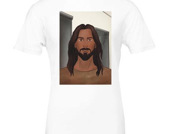 Camiseta unisex de cuello redondo premium con estampado de la cara de Jesús / Bella + Canvas 3001 Blanca
