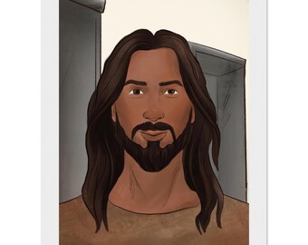 Póster clásico de Jesús de frente, visión real, en papel semibrillante, enmarcado en madera, 13 x 18 cm / 5 x 7 pulgadas.