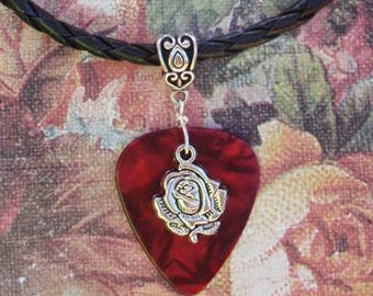 Rose Leather Necklace, Sweetheart Guitar Pick Jewelry, Tibetan Silver Fancy Bail, Custom Color Size, Valentines Day Bridesmaid