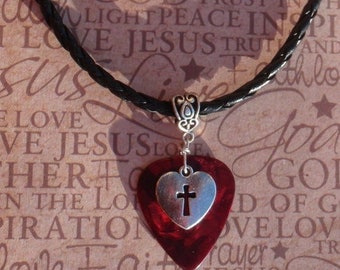 Heart Cross Necklace, Christian Guitar Pick Jewelry Tibetan Silver Fancy Bail, Choice 12 Colors & Size Chain, Religious