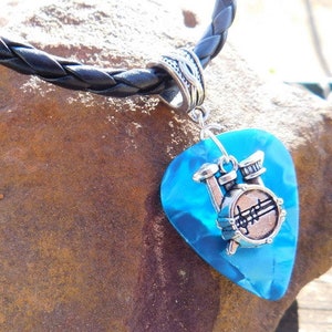 Drums Necklace, Choice 12 Colors, Band Symphony Music Chain - Musical Guitar Pick Jewelry, Tibetan Silver Braid Bail, Drum Set