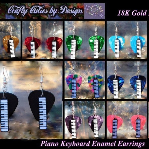 Piano Keyboard Enamel Gold Earrings, Musician Guitar Pick Jewelry, Choice 12 Colors, Pierced or Clip On