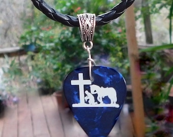 Cowboy Church Necklace, Christian Guitar Pick Jewelry, Braid Bail, Choice Color & Size, Praying Cowboy Horse Kneeling at Cross
