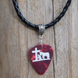 Cowboy Church Necklace, Christian Guitar Pick Jewelry, Braid Bail, Choice Color & Size, Praying Cowboy Horse Kneeling at Cross image 2
