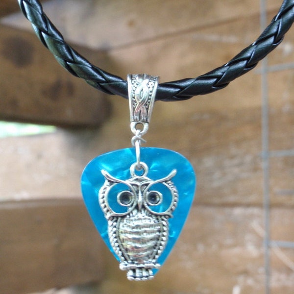 Elegant Owl Necklace, Wildlife Guitar Pick Jewelry, Tibetan Silver Braid Bail, Custom Color Size, Hoot Owl Chain, Barn Owl