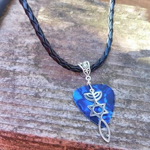 Messianic Star of David Menorah Ichthys Necklace, Hebrew Faith Guitar Pick Jewelry, Jewish Judaism, Stainless Steel Fancy Bail