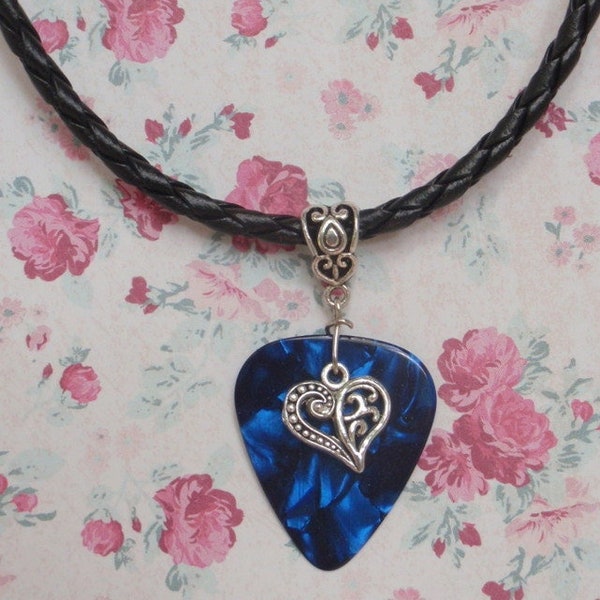 Victorian Heart Necklace, Sweetheart Guitar Pick Jewelry, Tibetan Silver Fancy Bail, Custom Color & Size