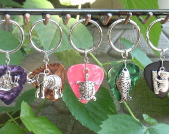 Nature Key Chain 16 Colors Choice Hibiscus, Fish, Snail, Dragonfly, Butterfly, Koala Bear, Turtle, Elephant, Frog Guitar Pick