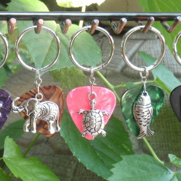 Nature Key Chain 16 Colors Choice Hibiscus, Fish, Snail, Dragonfly, Butterfly, Koala Bear, Turtle, Elephant, Frog Guitar Pick