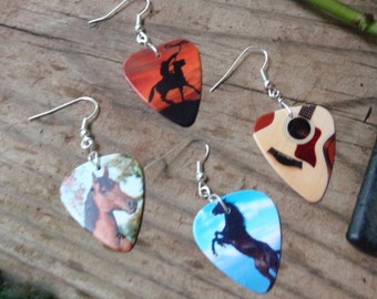 Southwest Earrings Rodeo Cowboy, Guitar, Black Stallion, Horse Choice Guitar Pick Jewelry, Pierced or Clip On Country Musician