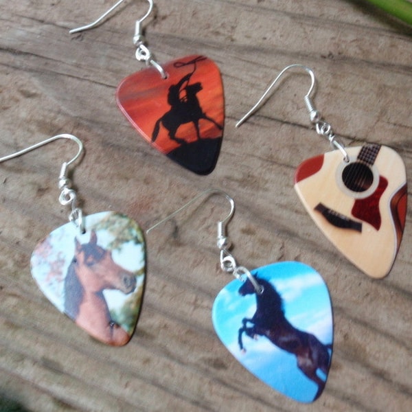 Southwest Earrings Rodeo Cowboy, Guitar, Black Stallion, Horse Choice Guitar Pick Jewelry, Pierced or Clip On Country Musician