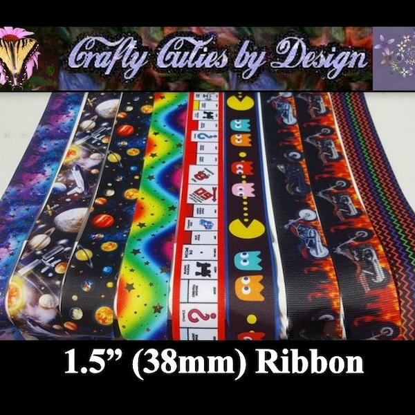 1.5" Games, Flames & Space Ribbon - Monopoly, Pac Man, Rockets, Planets, Foil Stars, Motorcycles - 38mm Grosgrain Ribbon Single Sided