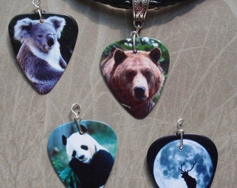 Braided Necklace Wildlife II, Choice Guitar Pick Brown Bear, Koala Bear, Panda, Elk Moon Silhouette, Tibetan Silver Braid Carved Bail