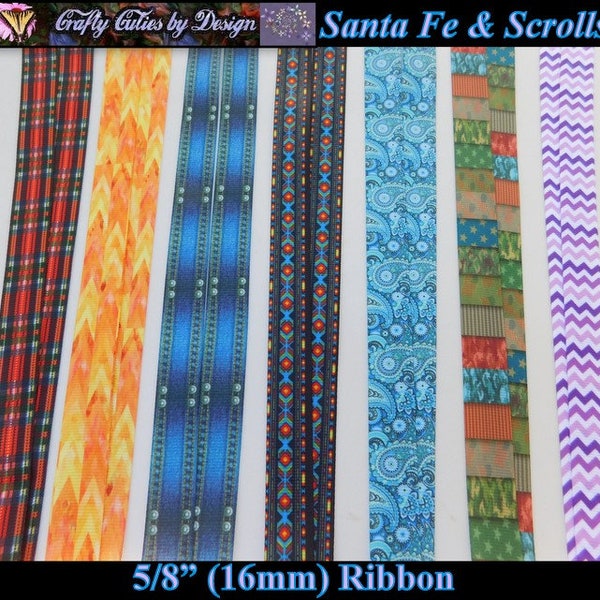 5/8" Ribbon - Santa Fe & Scrolls - Plaid, Paisley, Denim Jeans, Chevron 16mm Grosgrain Ribbon by Yard