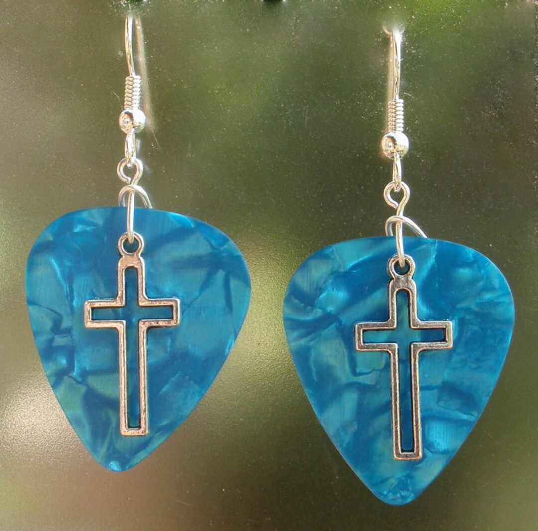 Christian Cross Earrings, Silver Dangle Guitar Pick Jewelry, Choice