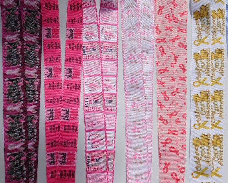 Breast Cancer Awareness - Childhood Cancer  - ID Lanyard Single Sided Grosgrain Ribbon, Lobster Claw, Adult Child Sizes 25mm