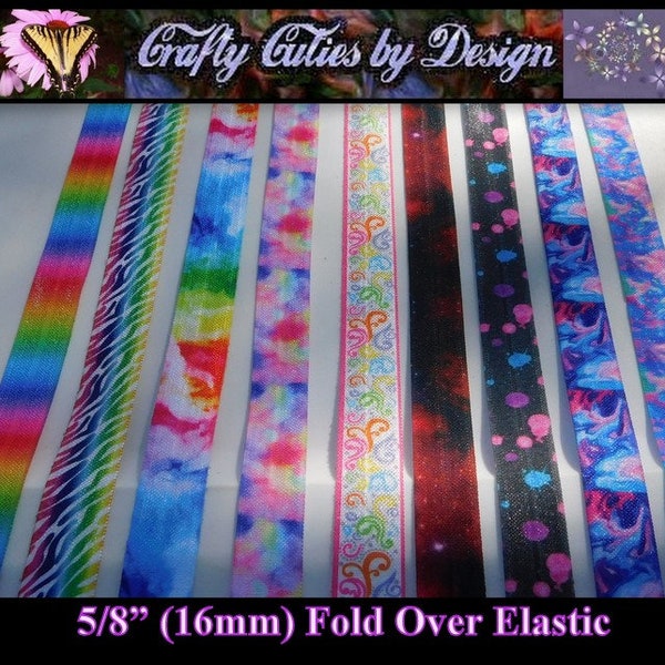 FOE Ribbon - Tie Dye & Space #2 - 5/8" 16mm - Printed Fold Over Elastic by Yard for Mask Extenders, Hair Ties, Bracelets, Headbands, Trim