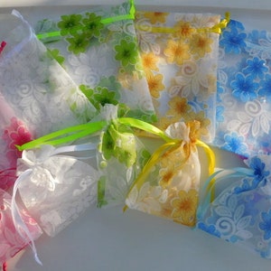 6 Flower Organza Bags - Assorted or White - Choice Size - Small 3.5&quot; x 4.75&quot; - Medium 5&quot; x 6.75&quot; - Large 6&quot; x 7.75&quot; - Extra Large 8&quot; x 9.75&quot;
