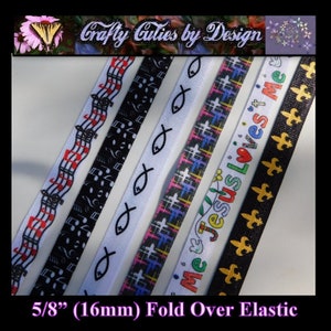 May include: Five different 5/8 inch (16 mm) wide fold over elastic ribbons. The ribbons feature various designs including musical notes, fish, crosses, and the phrase "Me Jesus Loves Me".