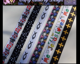 FOE Ribbon - Religious & Music - 5/8" 16mm - Printed Fold Over Elastic by Yard for Mask Extenders, Hair Ties, Bracelets, Headbands, Trim
