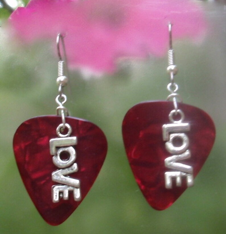 Love Earrings, Sweetheart Guitar Pick Jewelry, Choice 12 Colors, Pierced or Clip On, Bridesmaid Gift, Valentine's Day USA image 1