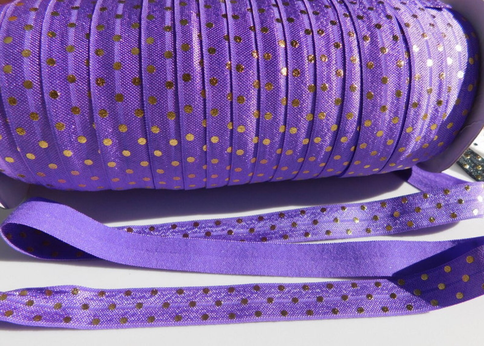 FOE Ribbon Gold Polka Dot 5/8 16mm Printed Fold Over Elastic by Yard
