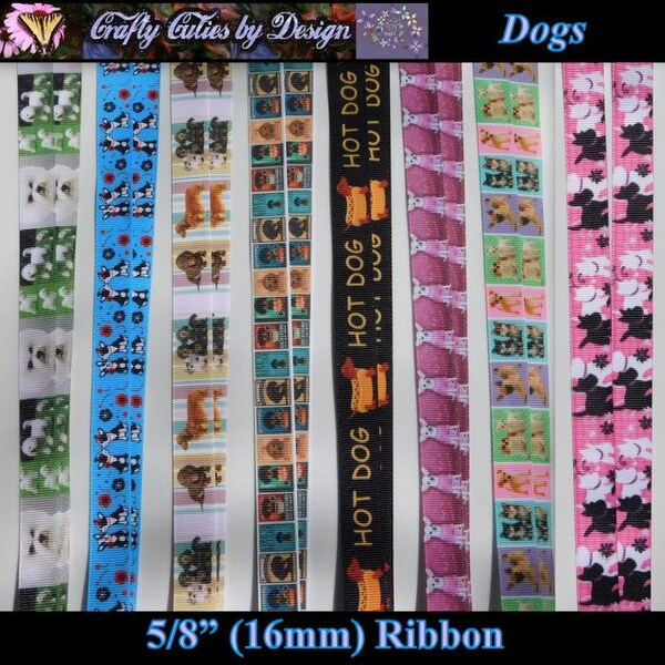 5/8" Ribbon - Dogs - 16mm Dachshund, Chihuahua, Scotty Grosgrain Ribbon by Yard