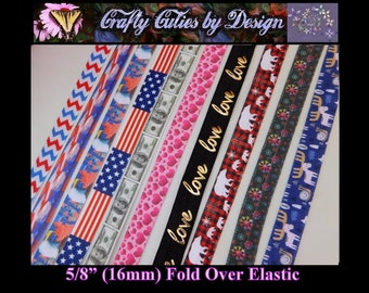 FOE Ribbon - Holiday & USA #2 - 5/8" 16mm - Printed Fold Over Elastic by Yard for Mask Extenders, Hair Ties, Bracelets, Headbands, Trim