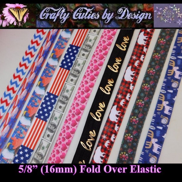 FOE Ribbon - Holiday & USA #2 - 5/8" 16mm - Printed Fold Over Elastic by Yard for Mask Extenders, Hair Ties, Bracelets, Headbands, Trim