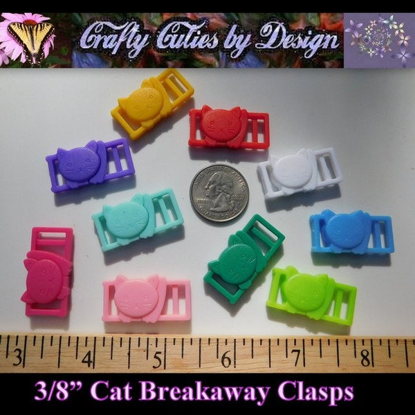 Color Cat Breakaway 3/8" (10mm) - Kitty Face Safety Buckle for Cat Collar, Mask Holder, Mask or ID Lanyard, Ribbon, Fabric