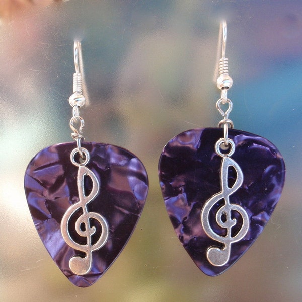 Music Note Treble Clef Earrings, Musical Guitar Pick Jewelry, Choice 12 Colors, Pierced or Clip On Dangle, Symphony Band USA