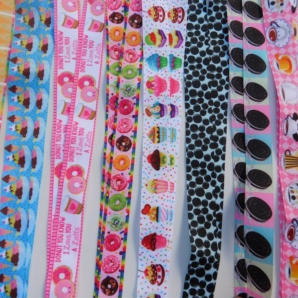 3 Yards - Sweet Treats, Donuts Cookie Ice Cream Chocolate Desserts - Grosgrain Ribbon - Your Choice Style - Single Sided 7/8", 1"