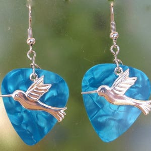 Hummingbird Dangle Earrings, Silver Wildlife Guitar Pick Jewelry, Choice 12 Colors, Pierced or Clip On, Elegant Birds USA image 7