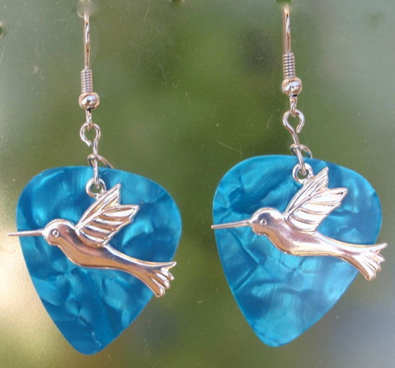 Hummingbird Dangle Earrings, Silver Wildlife Guitar Pick Jewelry, Choice 12 Colors, Pierced or Clip On, Elegant Birds USA image 7