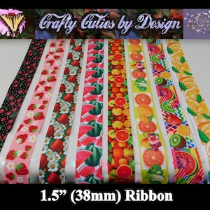 1.5&quot; Fruit Ribbon - Strawberries, Cherries, Citrus, Oranges, Watermelon, 38mm Grosgrain Ribbon Single Sided
