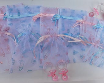 Baby Shower Organza Bags, Designer - Choice Pink or Blue in Sizes Small 3 x 4, Medium 4 x 5.5, Large 5 x 6.5  Bottle Pacifier Nursery