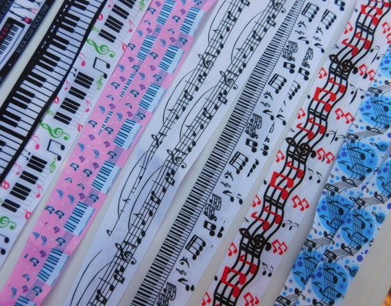Music Notes Guitars  - ID Lanyard, Lightweight Single Sided Print Gosgrain Ribbon, Breakaway   , Adult Child Sizes