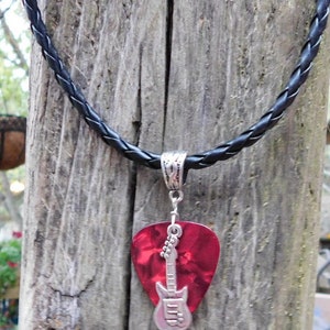 Guitar Pick Necklace, Choice 12 Colors, Tibetan Silver Braid Bail, Custom Size, Musical Instrument, Guitar Charm, Braided Cord image 3