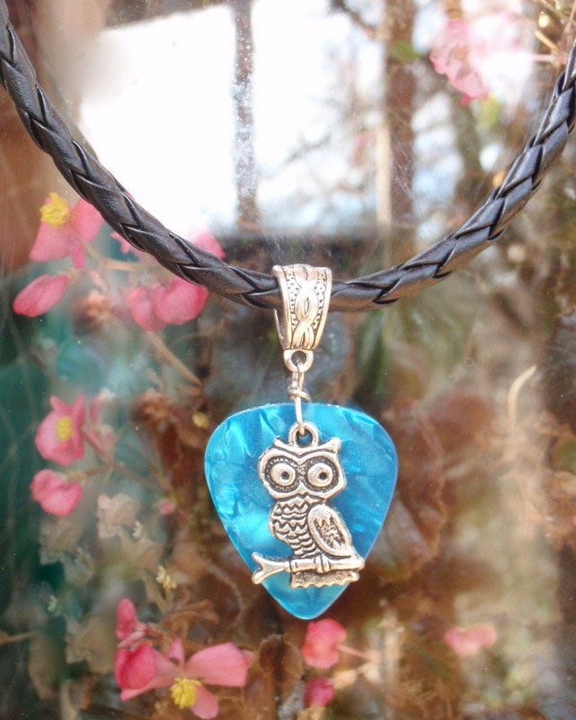Woodland Owl Necklace, Wildlife Guitar Pick Jewelry, Tibetan Silver Braid Bail, Choice 12 Colors &am