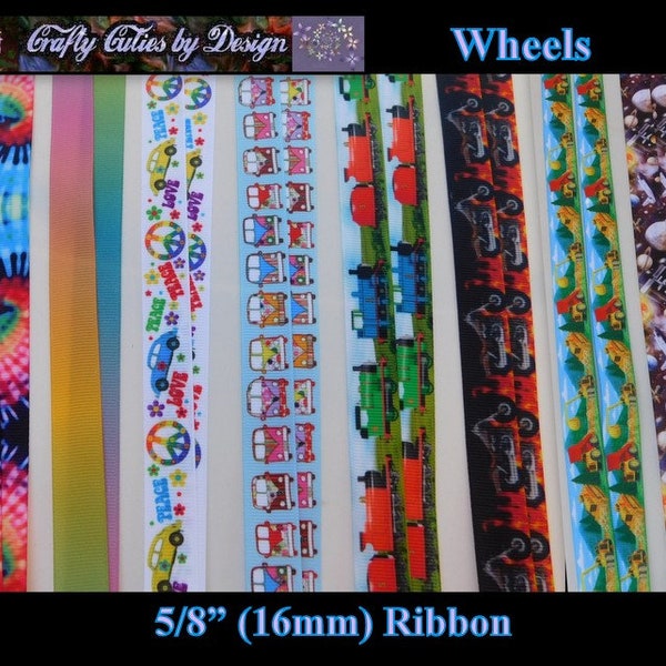 5/8" Ribbon - Wheels - 16mm Motorcycles, VW Bus, Love Bug Beetle, Tie Dye Grosgrain Ribbon by Yard