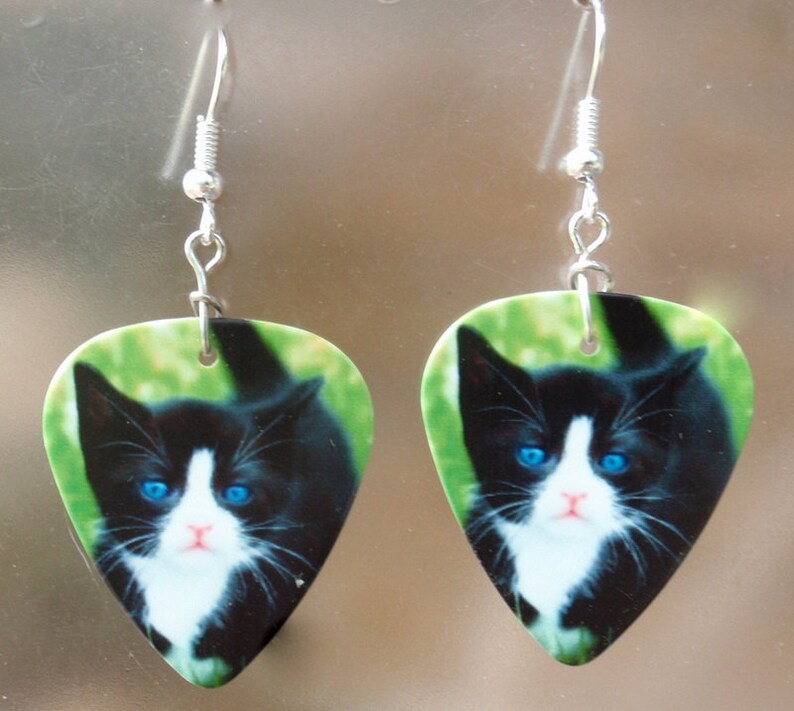 May include: A pair of earrings featuring a black and white cat with bright blue eyes. The cat image is printed on a green background, shaped like a guitar pick. The earrings have silver-colored hooks.