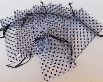 6 Polka Dot Organza Bags - Choice Size 3" x 5.75" or 4" x 6.5"- Black and White Drawstring Pouch